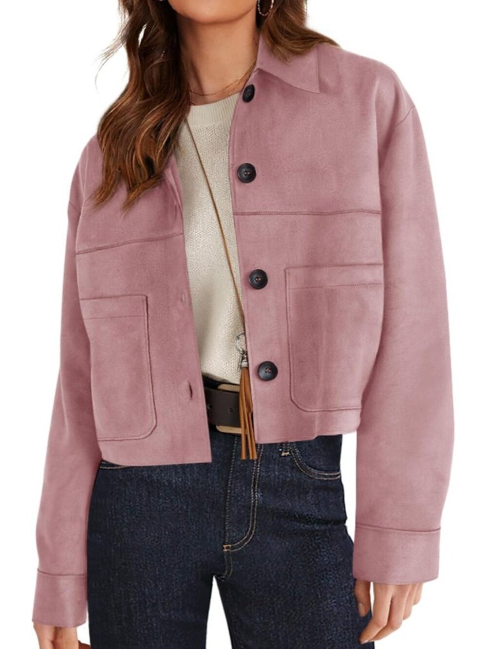 Women's Faux Suede Cropped Jacket Fall Fashion Winter Coats Outerwear Pink